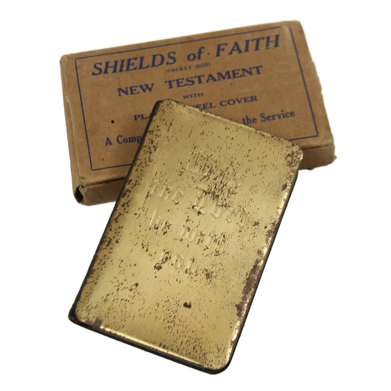 The New Testament, Steel Shield, Gold-Plated, 'May the Lord be with you', in Box