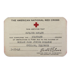 Certificat, formation de secourisme, American Red Cross, Pauline Bryant, 1942