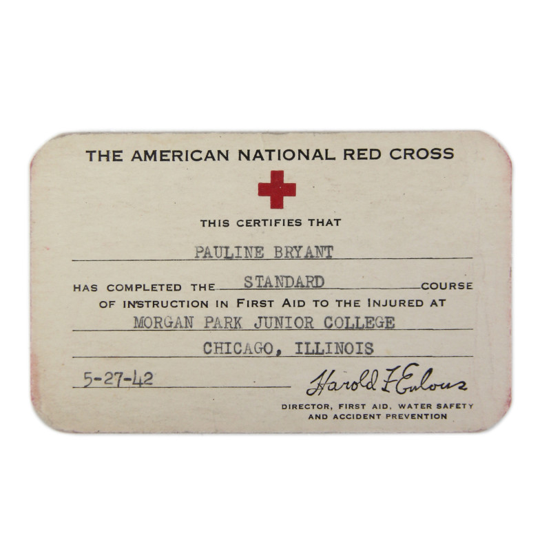 Certificat, formation de secourisme, American Red Cross, Pauline Bryant, 1942