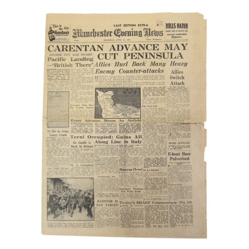 Newspaper, British, Manchester Evening News, June 15, 1944, 'Carentan Advance May Cut Peninsula'