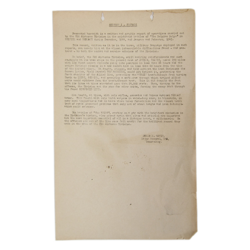 Document, Typed, Preface, Battle of the Bulge, Maj. Gen. James Gavin ...