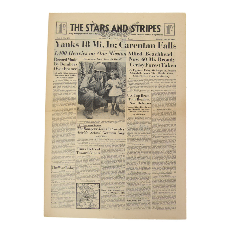 Newspaper, The Stars and Stripes, June 13, 1944, 'Yanks 18 Mi. In, Carentan Falls'